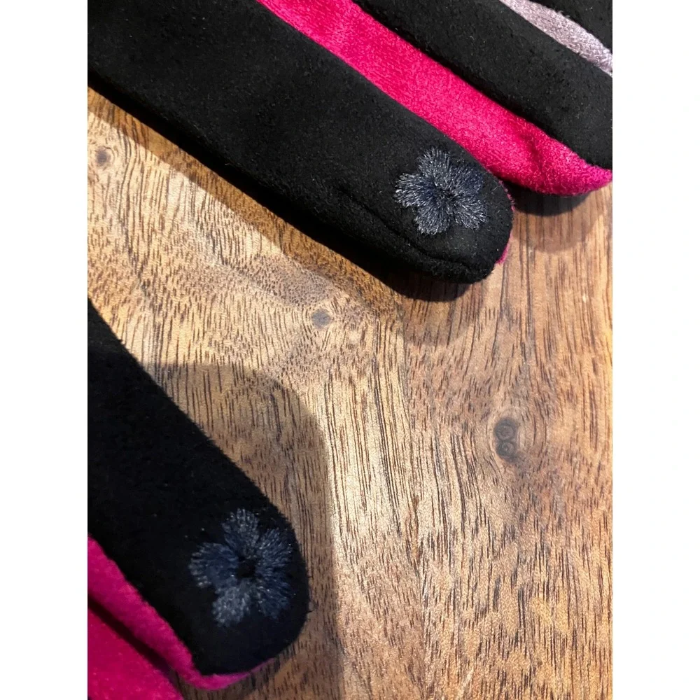 Womens Black Faux Suede Touchscreen Gloves Multi Color Finger Pom Pom Detail NEW
